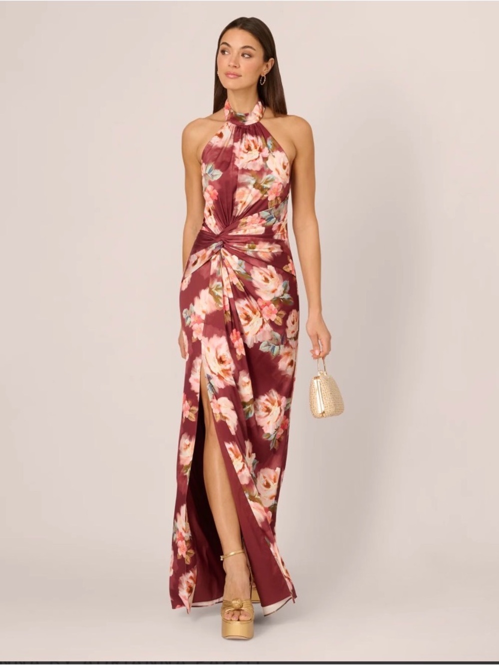 Adrianna Papell Floral Satin Twist Waist Halter Gown Brown Multi NWT - Picture 3 of 12